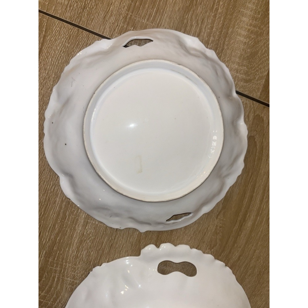 Pair Antique Victorian Hand Painted Porcelain Handled Cake Server Plates Floral - Picture 11 of 16